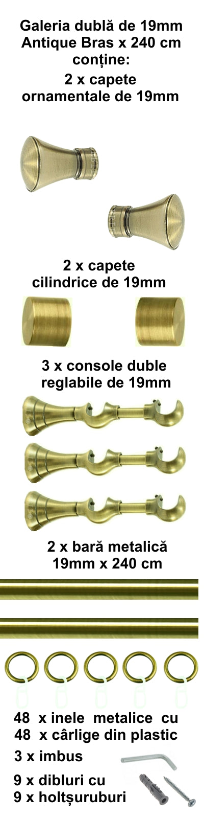 Galerie Metalică Conic, dublă, clasică, cu inele, 19mm, antique brass (auriu antic)
