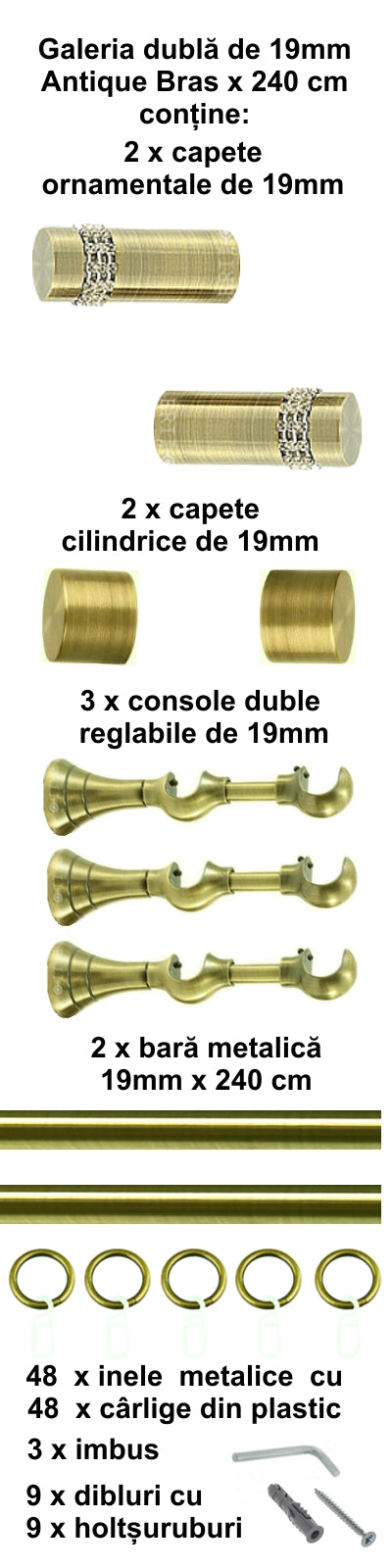 Galerie Metalică Dios, dublă, clasică, cu inele, 19mm, antique brass (auriu antic)