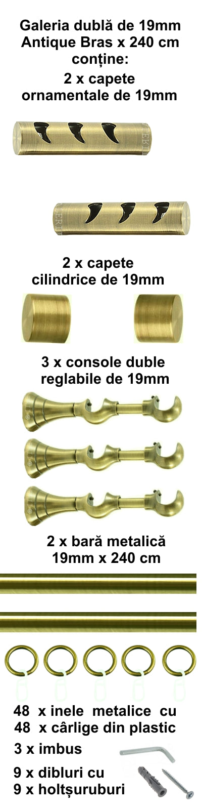 Galerie Metalică Drop, dublă, clasică, cu inele, 19mm, antique brass (auriu antic)