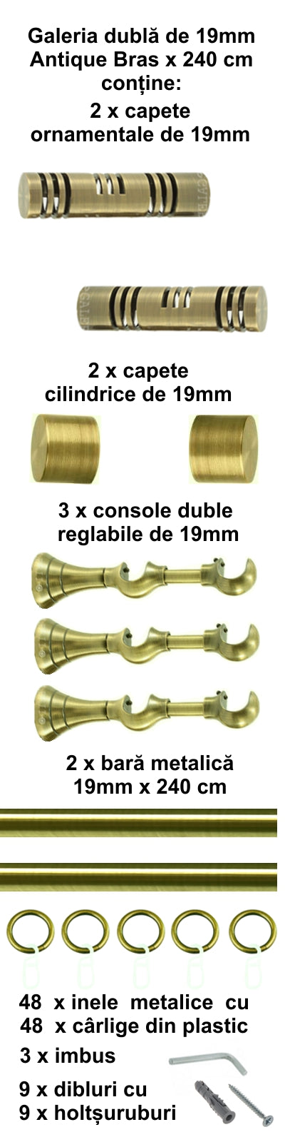 Galerie Metalică Elis, dublă, clasică, cu inele, 19mm, antique brass (auriu antic)