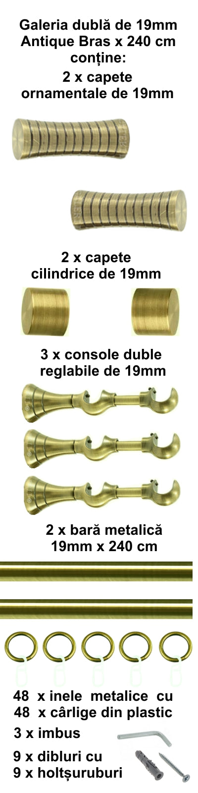 Galerie Metalică Febris, dublă, clasică, cu inele, 19mm, antique brass (auriu antic)