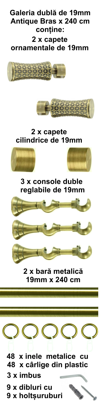 Galerie Metalică Jaris, dublă, clasică, cu inele, 19mm, antique brass (auriu antic)