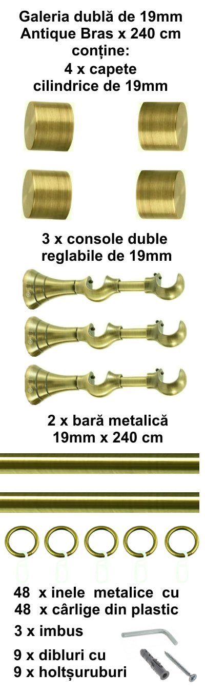 Galerie Metalică Luna, dublă, clasică, cu inele, 19mm, antique brass (auriu antic)