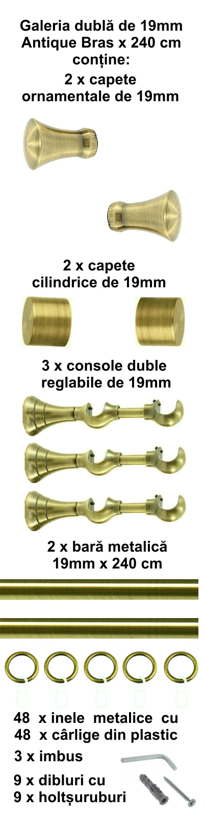 Galerie Metalică Monaco, dublă, clasică, cu inele, 19mm, antique brass (auriu antic)