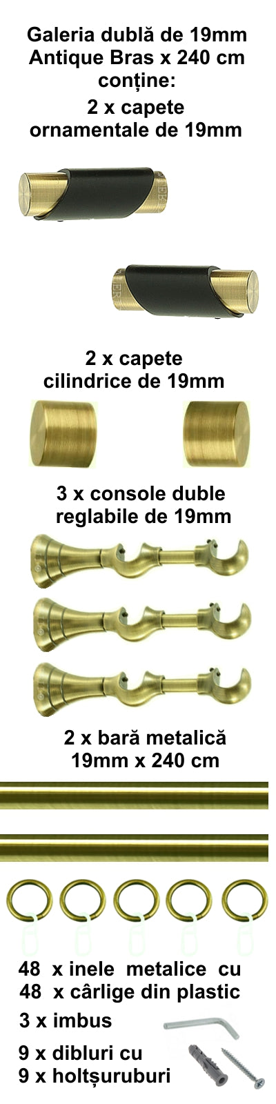 Galerie Metalică Paris, dublă, clasică, cu inele, 19mm, antique brass (auriu antic)