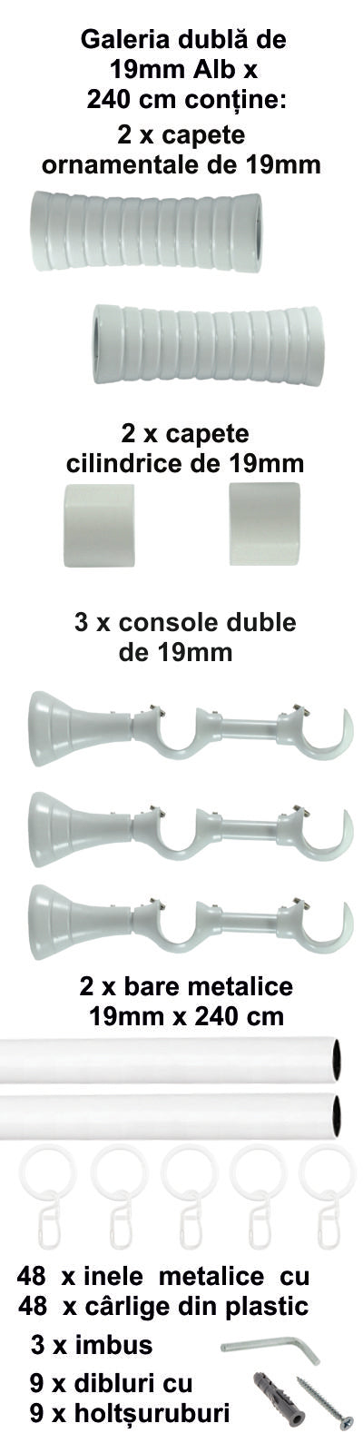 Galerie Metalică Febris, dublă, clasică, cu inele, 19mm, Alb