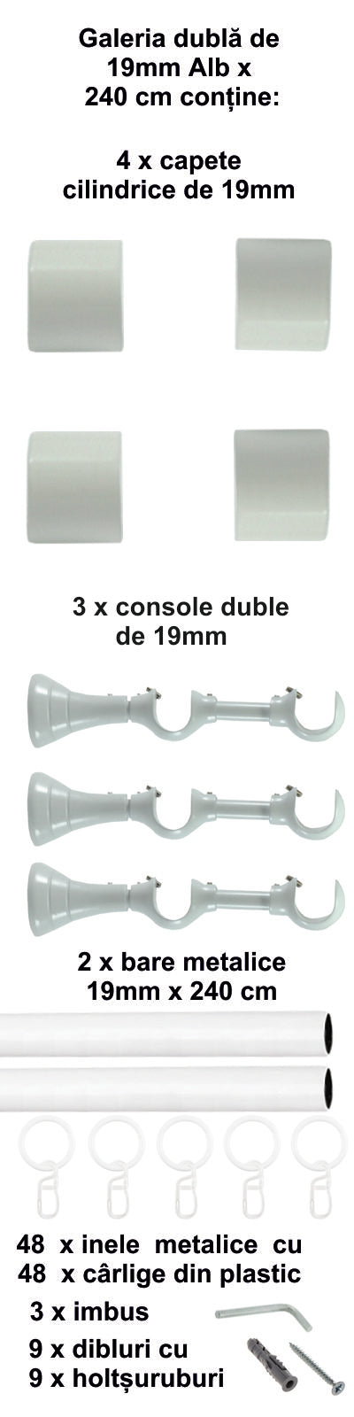Galerie Metalică Luna, dublă, clasică, cu inele, 19mm, Alb