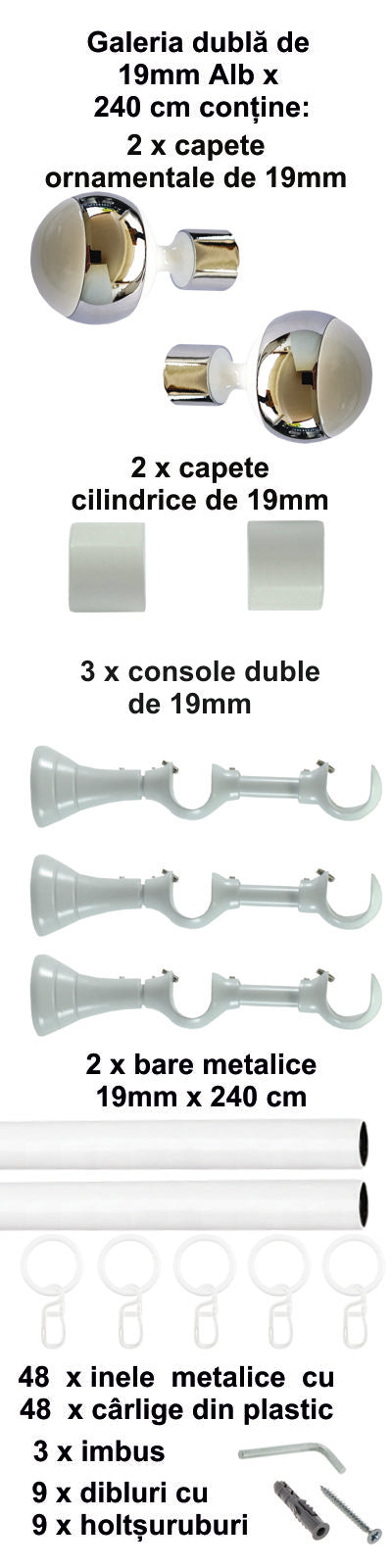 Galerie Metalică Mirror, dublă, clasică, cu inele, 19mm, Alb