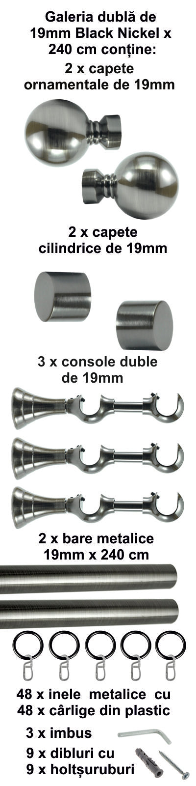 Galerie Metalică Kalisto, dublă, clasică, cu inele, 19mm, Black Nickel