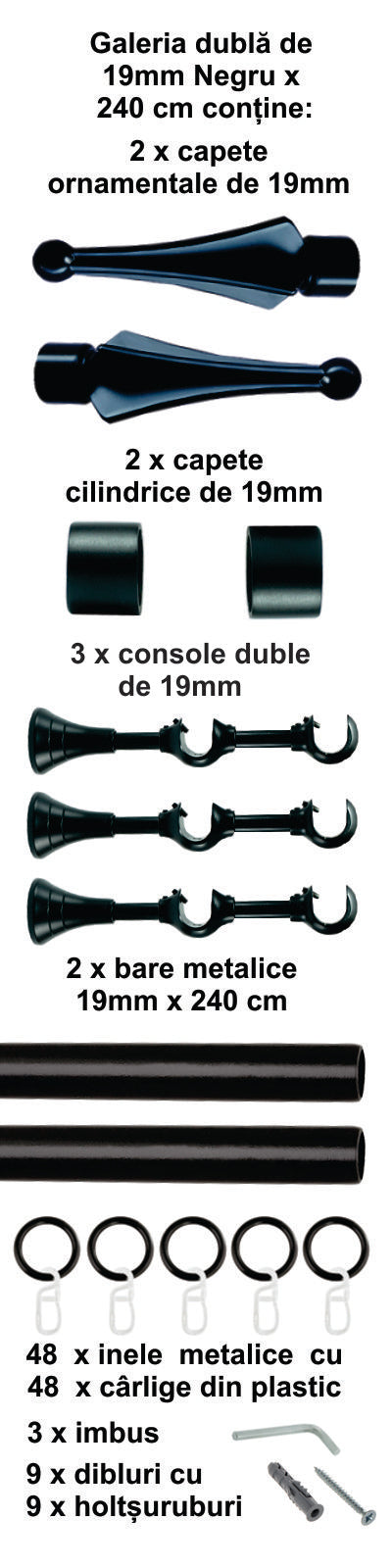Galerie Metalică Robin, dublă, clasică, cu inele, 19mm, Negru