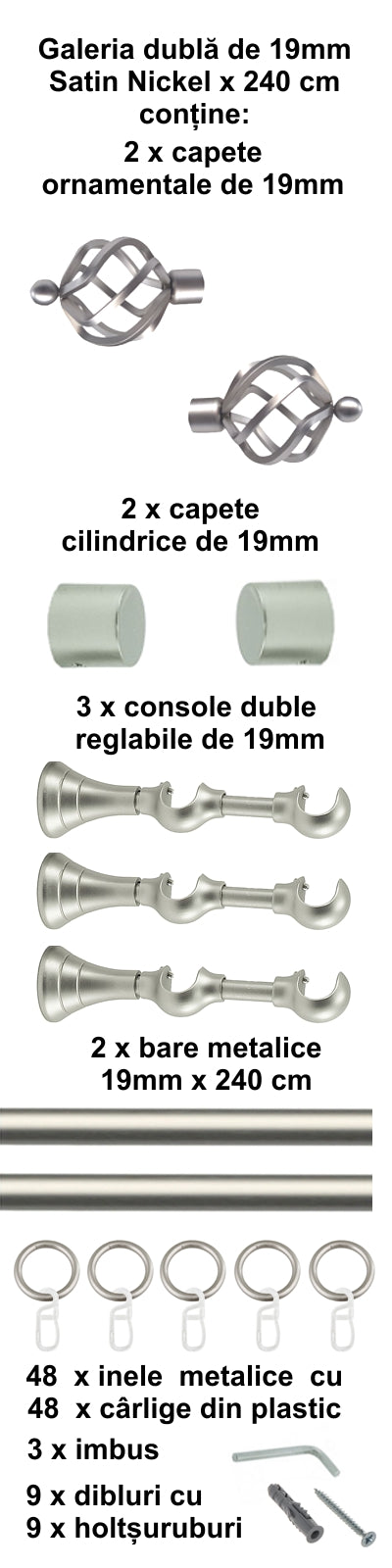 Galerie Metalică Torso, dublă, clasică, cu inele, 19mm, satin nichel (argintiu mat)