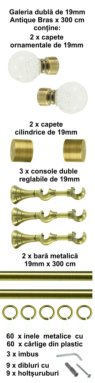 Galerie Metalică Buble, dublă, clasică, cu inele, 19mm, antique brass (auriu antic)