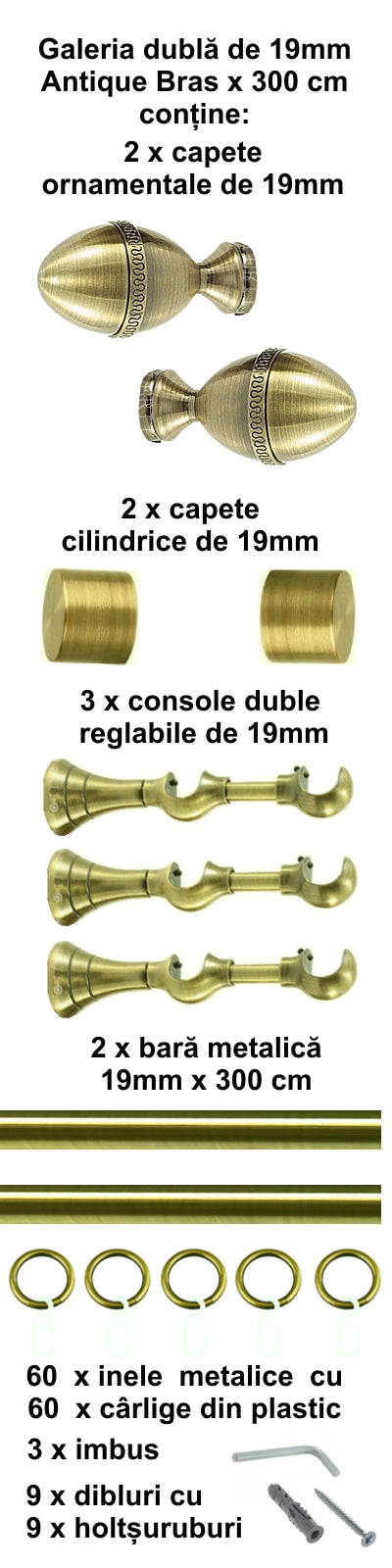 Galerie Metalică Cezar, dublă, clasică, cu inele, 19mm, antique brass (auriu antic)