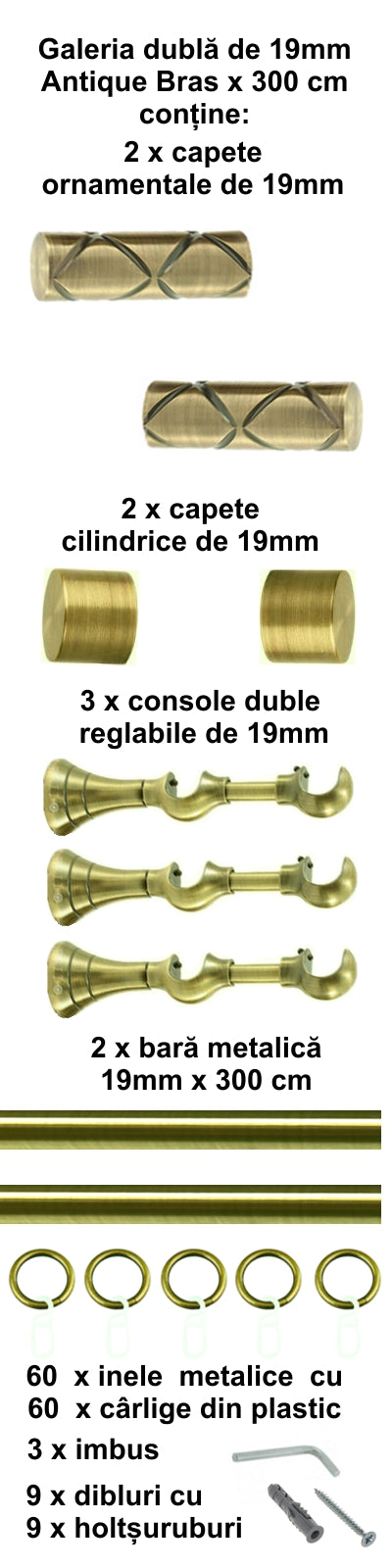 Galerie Metalică Ciel, dublă, clasică, cu inele, 19mm, antique brass (auriu antic)