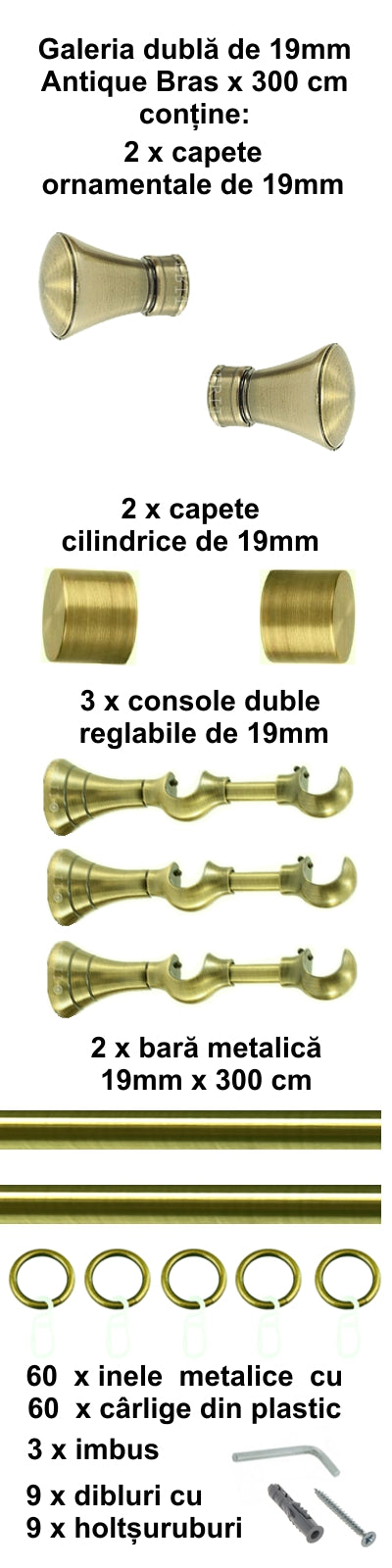 Galerie Metalică Conic, dublă, clasică, cu inele, 19mm, antique brass (auriu antic)