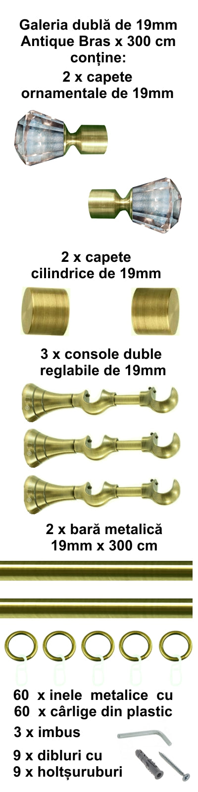 Galerie Metalică Cristal, dublă, clasică, cu inele, 19mm, antique brass (auriu antic)