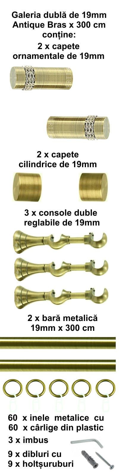 Galerie Metalică Dios, dublă, clasică, cu inele, 19mm, antique brass (auriu antic)