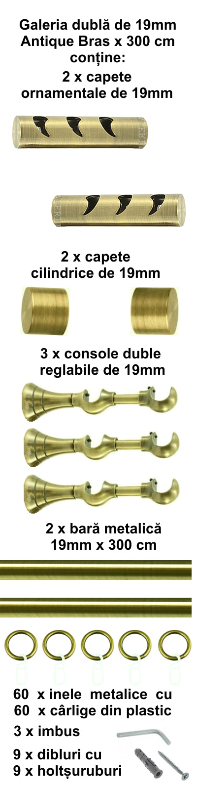 Galerie Metalică Drop, dublă, clasică, cu inele, 19mm, antique brass (auriu antic)