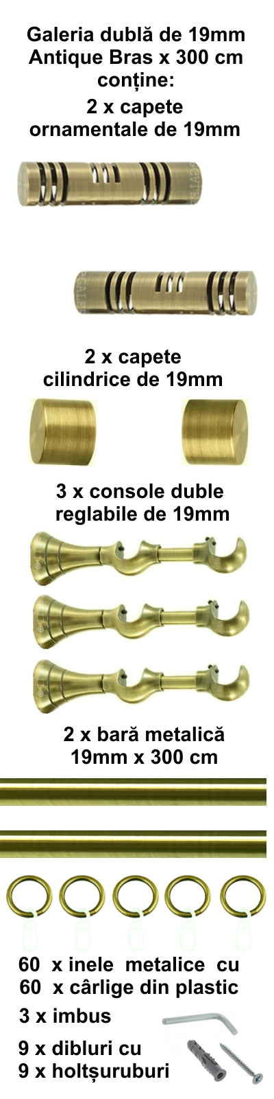 Galerie Metalică Elis, dublă, clasică, cu inele, 19mm, antique brass (auriu antic)