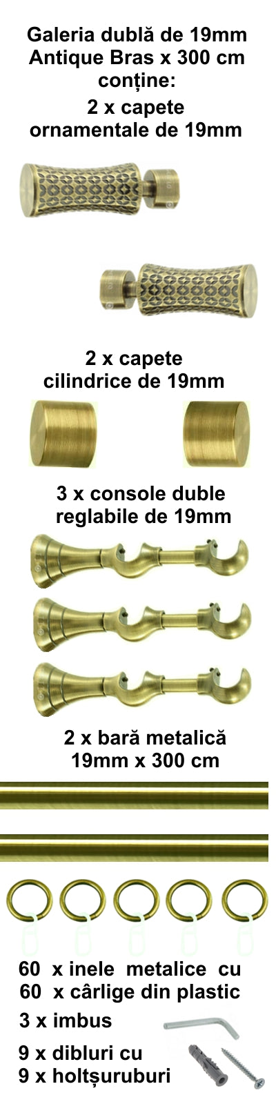 Galerie Metalică Jaris, dublă, clasică, cu inele, 19mm, antique brass (auriu antic)