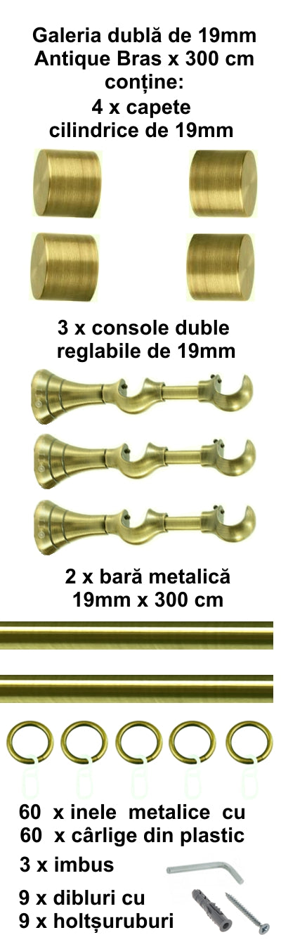 Galerie Metalică Luna, dublă, clasică, cu inele, 19mm, antique brass (auriu antic)