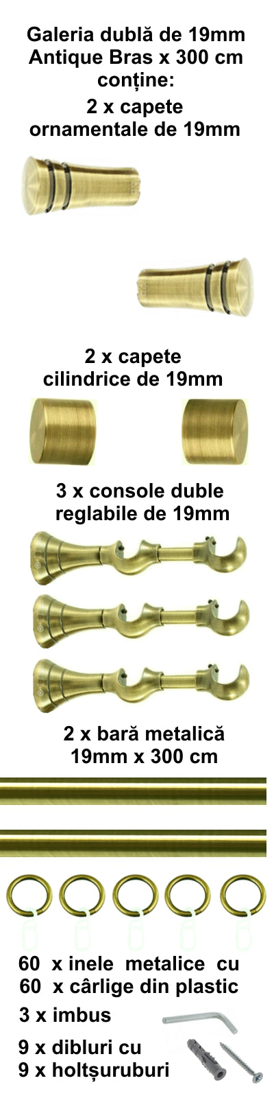 Galerie Metalică Paola, dublă, clasică, cu inele, 19mm, antique brass (auriu antic)