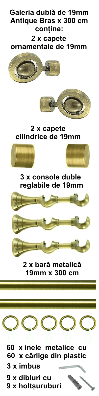 Galerie Metalică Seti, dublă, clasică, cu inele, 19mm, antique brass (auriu antic)