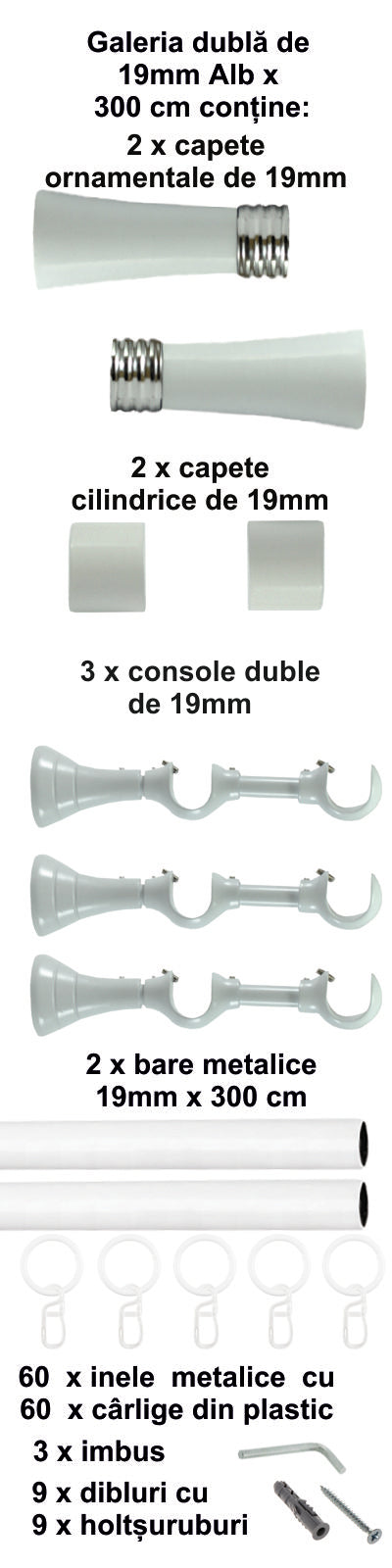 Galerie Metalică Ahile, dublă, clasică, cu inele, 19mm, Alb