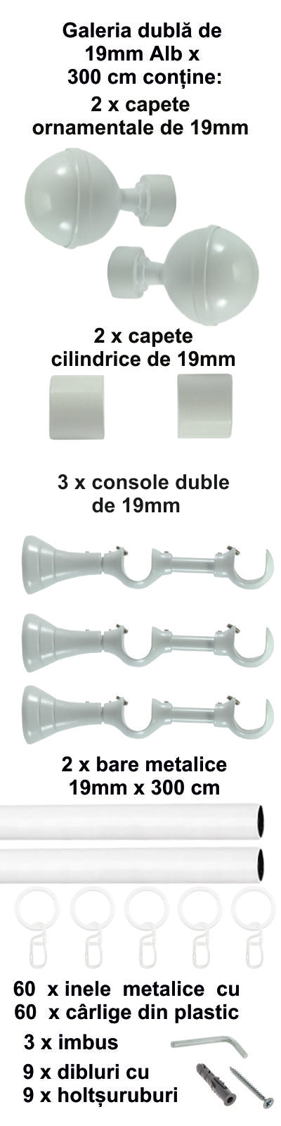 Galerie Metalică Kalisto, dublă, clasică, cu inele, 19mm, Alb