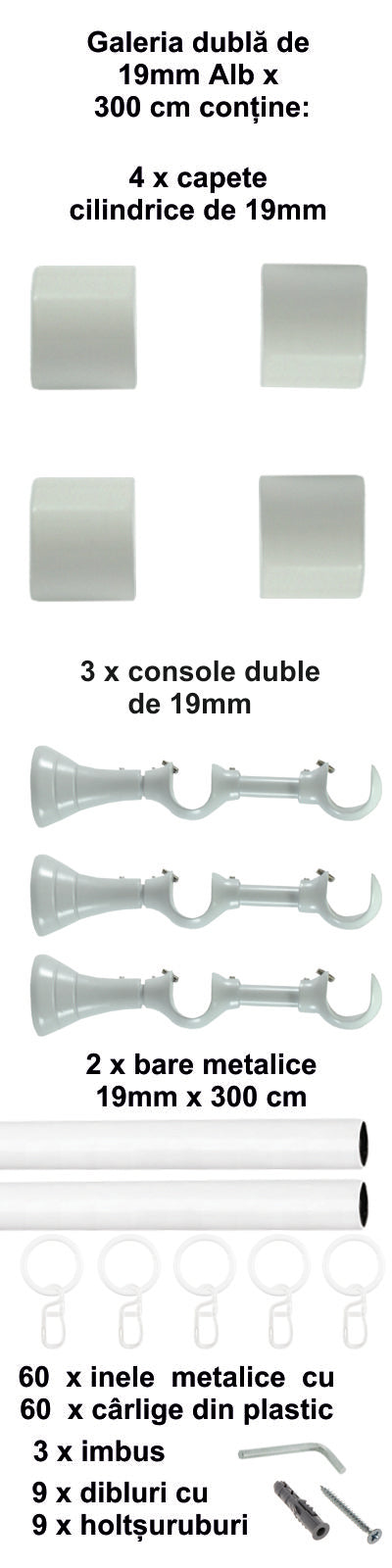 Galerie Metalică Luna, dublă, clasică, cu inele, 19mm, Alb