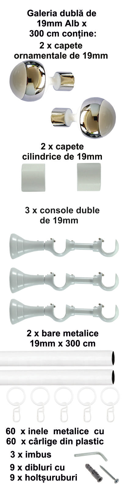 Galerie Metalică Mirror, dublă, clasică, cu inele, 19mm, Alb