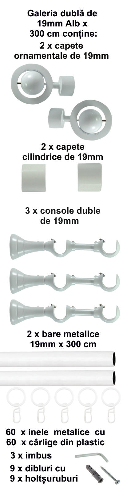 Galerie Metalică Seti, dublă, clasică, cu inele, 19mm, Alb