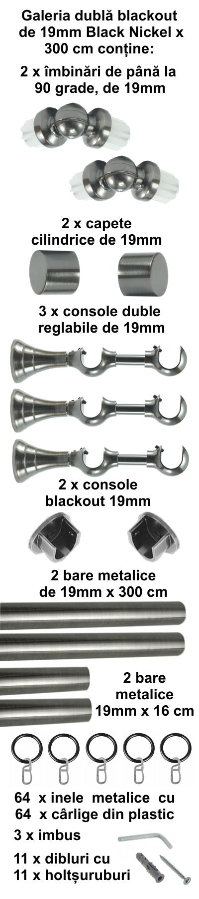 Galerie Metalică Blackout, dublă, clasică, cu inele, 19mm, Black Nickel