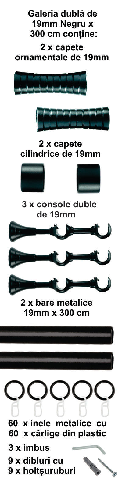 Galerie Metalică Febris, dublă, clasică, cu inele, 19mm, Negru