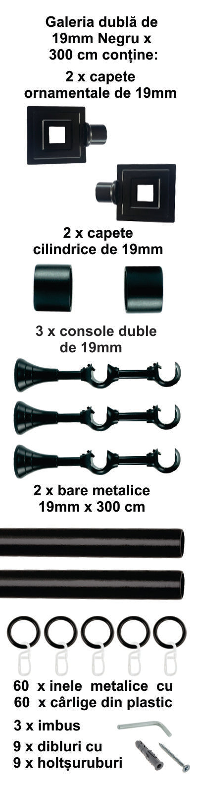 Galerie Metalică Square, dublă, clasică, cu inele, 19mm, Negru