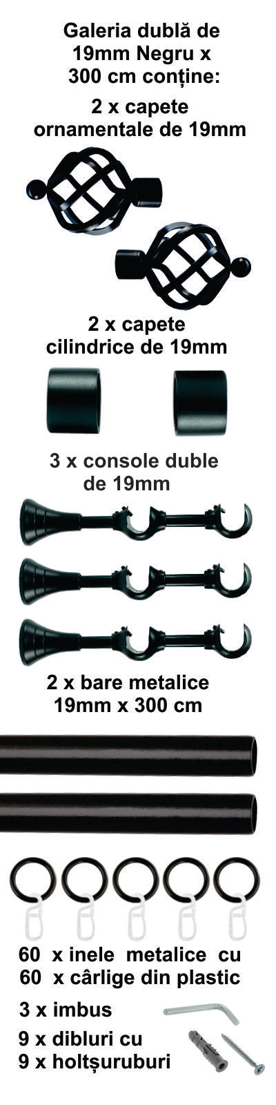 Galerie Metalică Torso, dublă, clasică, cu inele, 19mm, Negru