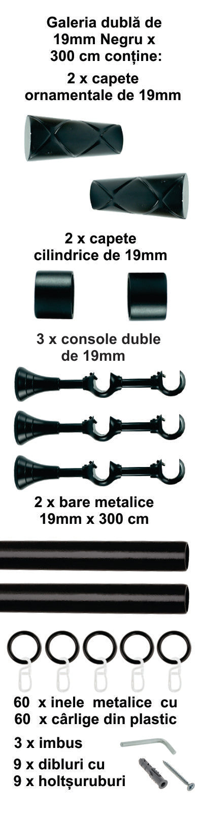 Galerie Metalică Zeus, dublă, clasică, cu inele, 19mm, Negru