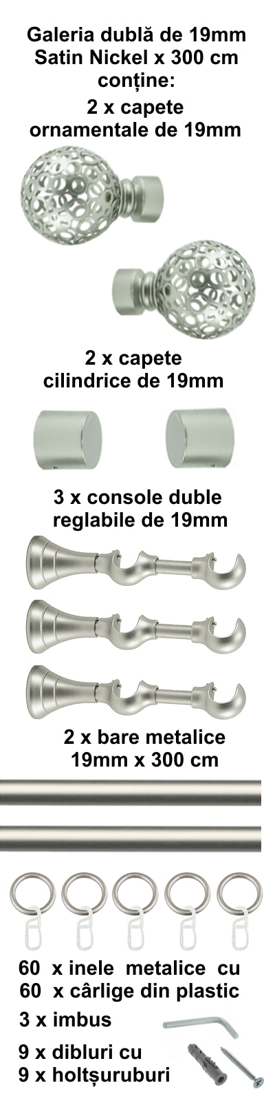 Galerie Metalică Sun, dublă, clasică, cu inele, 19mm, satin nichel (argintiu mat)