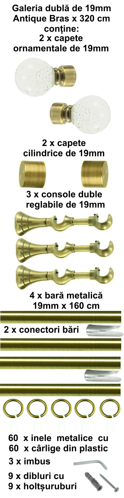 Galerie Metalică Buble, dublă, clasică, cu inele, 19mm, antique brass (auriu antic)