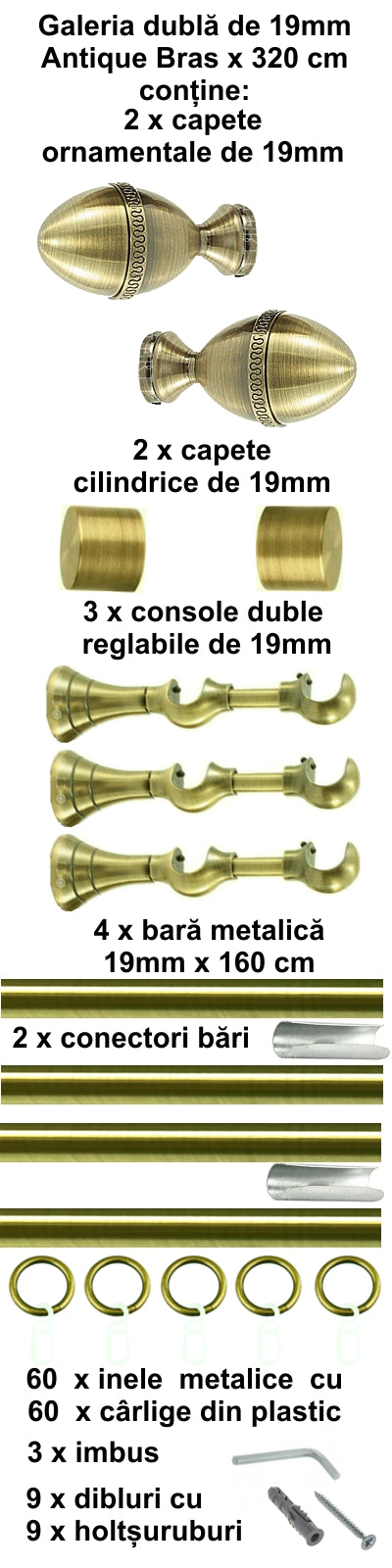 Galerie Metalică Cezar, dublă, clasică, cu inele, 19mm, antique brass (auriu antic)