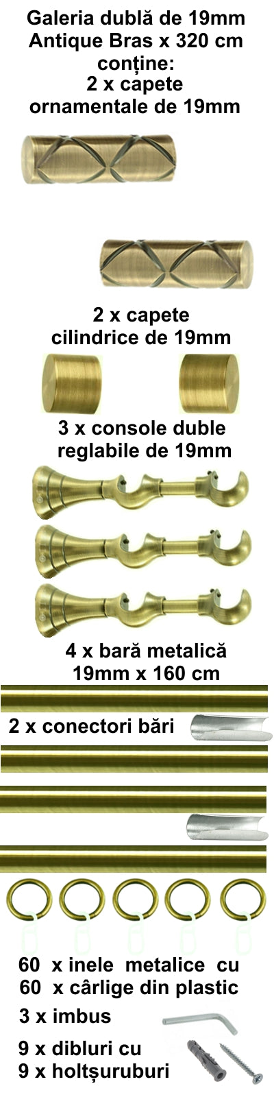 Galerie Metalică Ciel, dublă, clasică, cu inele, 19mm, antique brass (auriu antic)