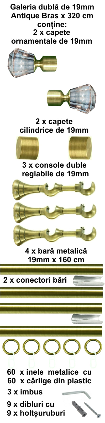 Galerie Metalică Cristal, dublă, clasică, cu inele, 19mm, antique brass (auriu antic)