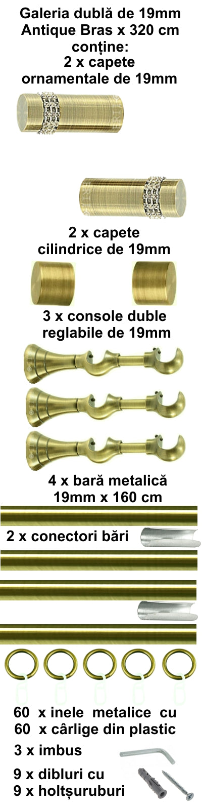 Galerie Metalică Dios, dublă, clasică, cu inele, 19mm, antique brass (auriu antic)