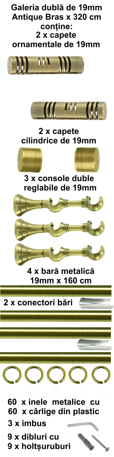 Galerie Metalică Elis, dublă, clasică, cu inele, 19mm, antique brass (auriu antic)