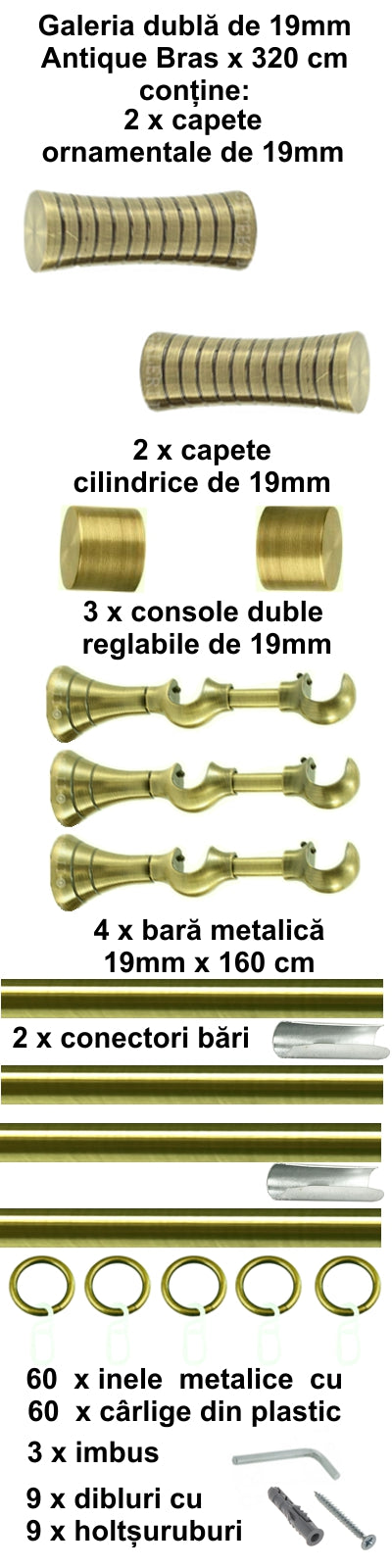 Galerie Metalică Febris, dublă, clasică, cu inele, 19mm, antique brass (auriu antic)