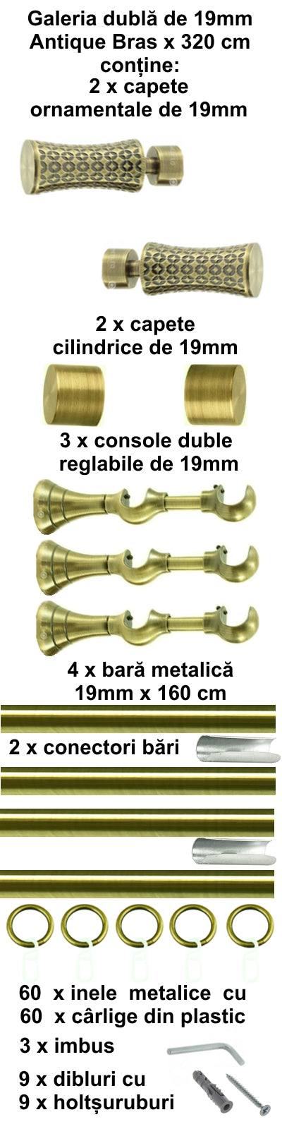 Galerie Metalică Jaris, dublă, clasică, cu inele, 19mm, antique brass (auriu antic)