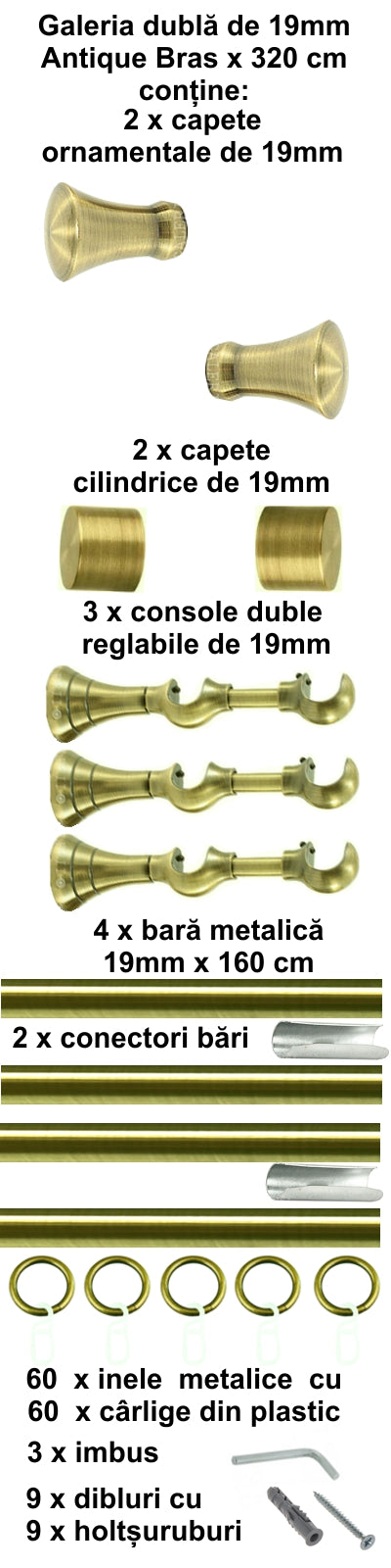 Galerie Metalică Monaco, dublă, clasică, cu inele, 19mm, antique brass (auriu antic)
