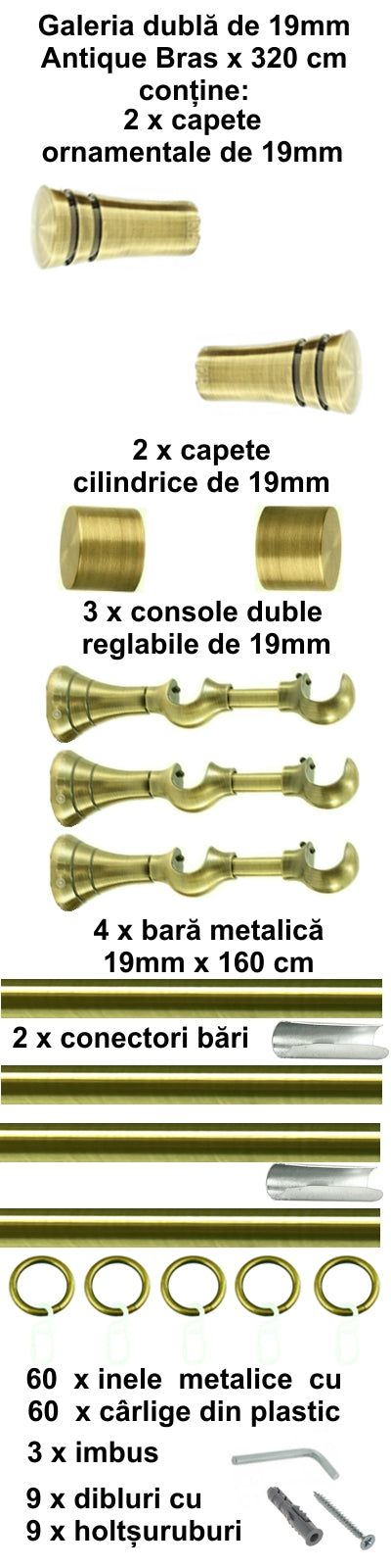 Galerie Metalică Paola, dublă, clasică, cu inele, 19mm, antique brass (auriu antic)