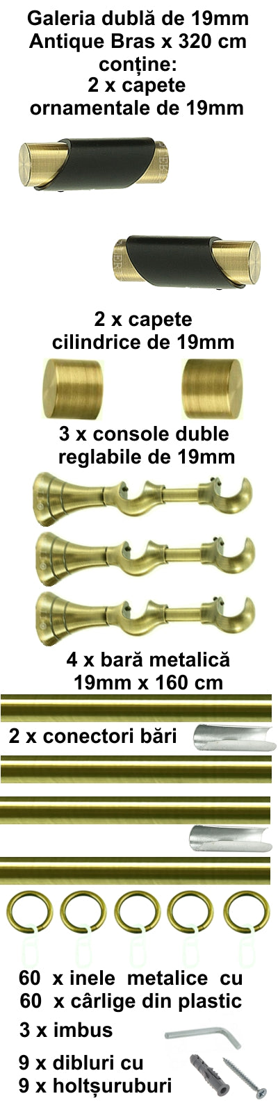 Galerie Metalică Paris, dublă, clasică, cu inele, 19mm, antique brass (auriu antic)