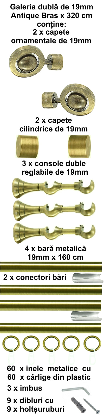 Galerie Metalică Seti, dublă, clasică, cu inele, 19mm, antique brass (auriu antic)